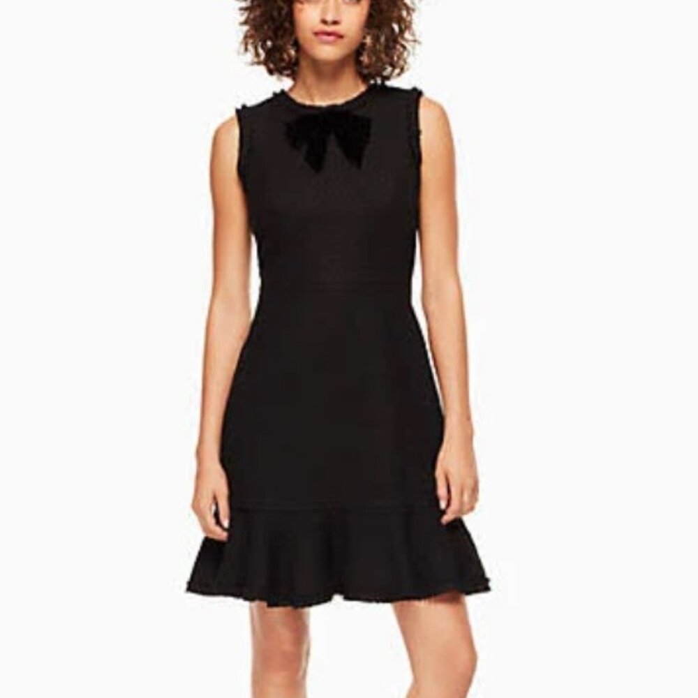 Kate Spade Dress Womens 0 Black Sheath Sleeveless Bow Tie Tweed Ruffle Short